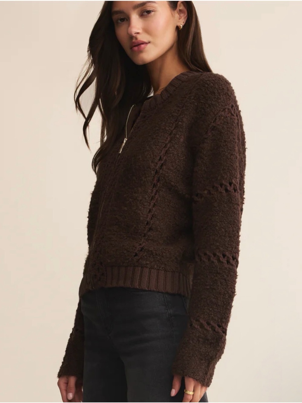 Z Supply Chocolate Brown Open-Knit Zip Cardigan - Picture 3 of 7
